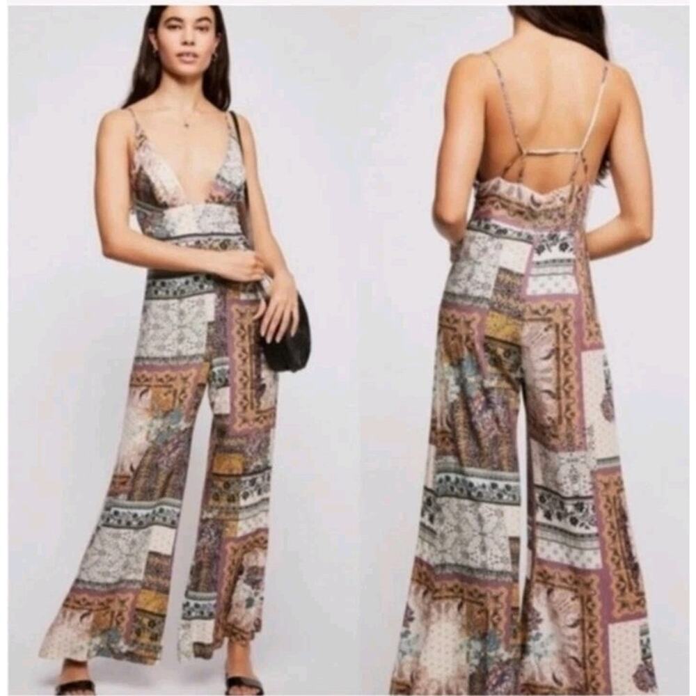 Free People Margarita Patchwork Jumpsuit Sz 2 Strappy Back V-Neck Wide Leg Boho